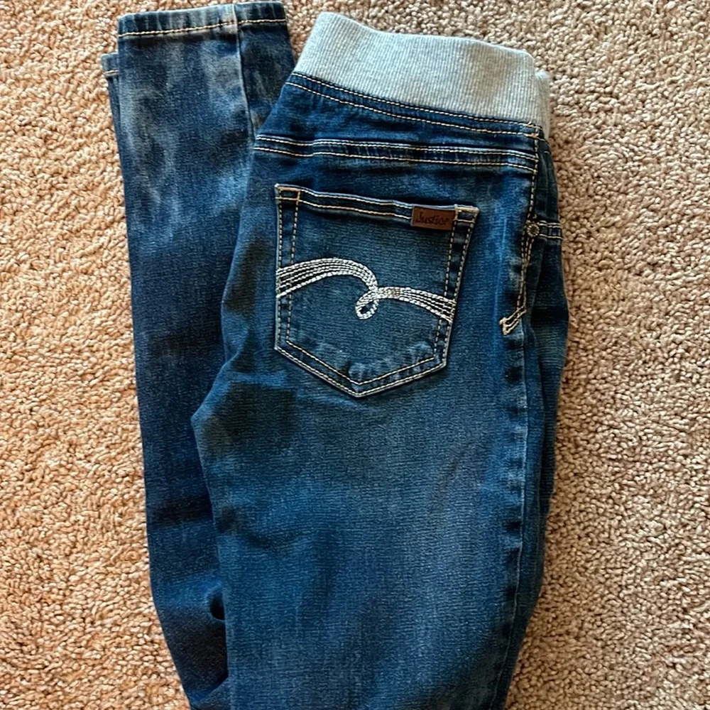 Justice Simply Low pull on knit waistband denim jeans Jeggings sz 14  Like new